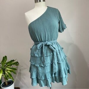 Lulus All The Sage Green One Shoulder Tiered Ruffled Mini Dress